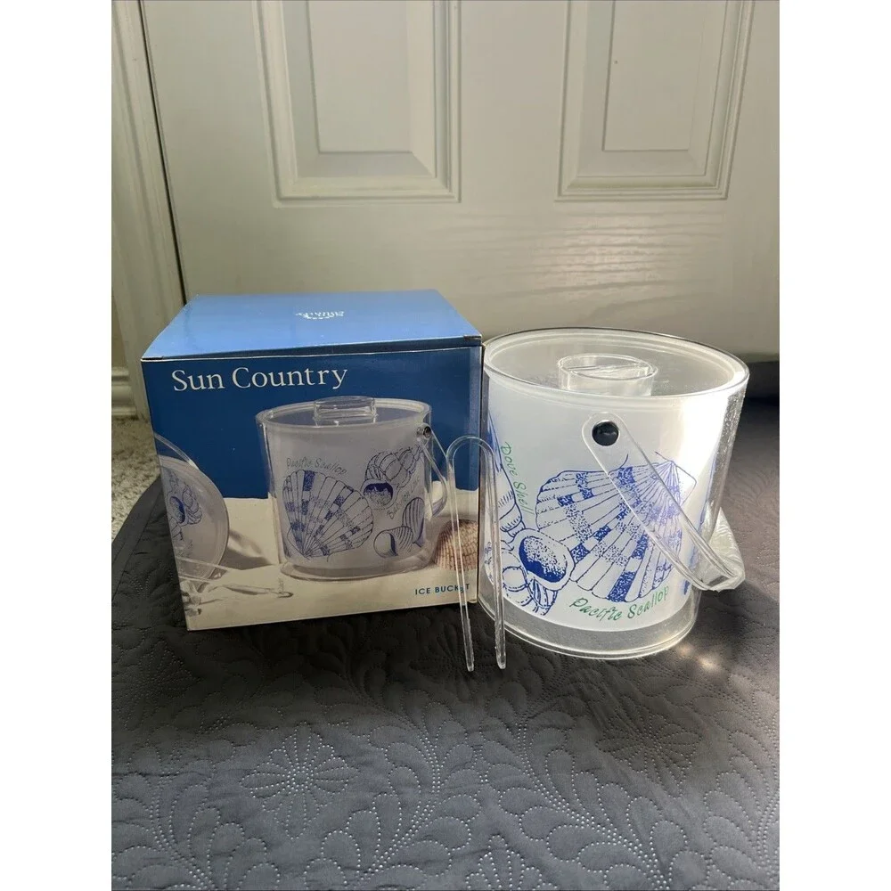 Sun Country 3QT Ocean Shell Clear Acrylic Ice Bucket w/Tongs NIB Nautical Home